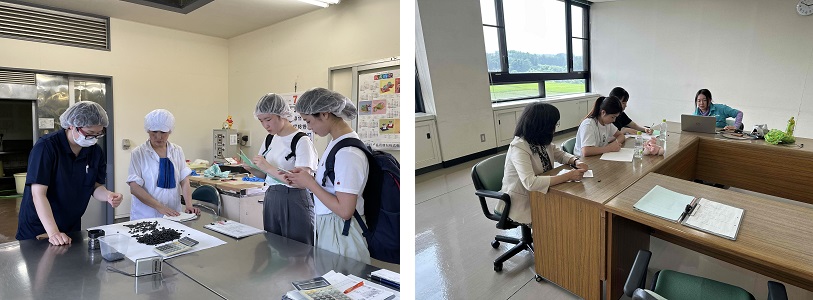 写真左:雁喰豆が育つ、この土地のお話を聞く二人/右:伝統の技と雁喰豆の新しい魅力を知る